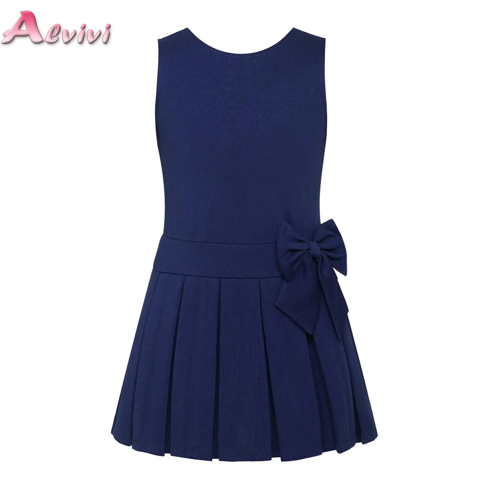 Kids Girls School Uniform Jumper Sleeveless Back Zipper Bowknot Pleated Dress for Classroom Graduation Ceremony Photo Shoot