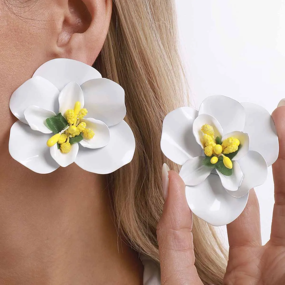 Realistic White Orchid Blossom Bright Pistil Drop Earrings Exotic Tropical Island Style Vacation Ear Jewelry Gift