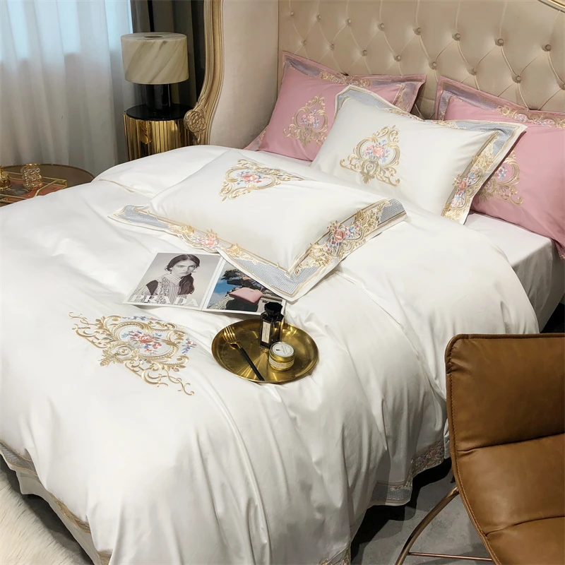 4Pcs Luxury Embroidery White Bedding Set 1000TC Egyptian Cotton Duvet Cover Set Bed Sheet/Fitted Sheet Pillowcases Home Textiles