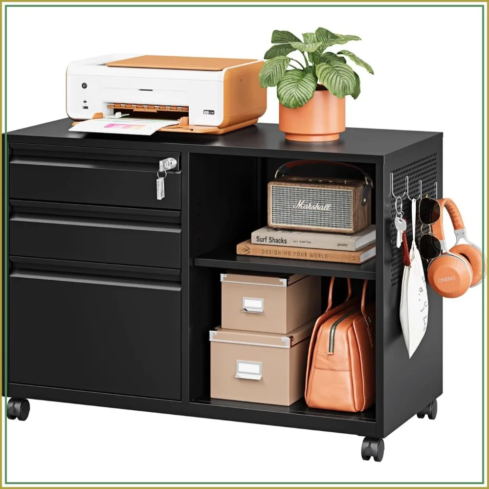 3 Drawer File Cabinet with Lock Mobile Lateral Filing Cabinet for Letter Legal A4 Black