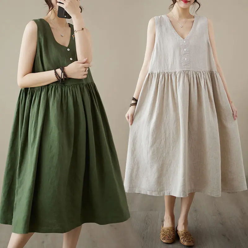 

Simple Solid Color Linen Tank Top Dress Women's Summer Loose Large Size Slim Sleeveless Dress Casual Clothing Z1943