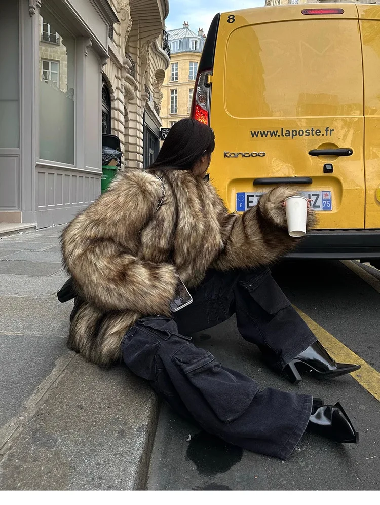 Long Faux Fur Coat Women Autumn Winter Large Jacket Overcoat White Turn Down Collar Pockets Thick Coat Warm Jackets Maxi Coats