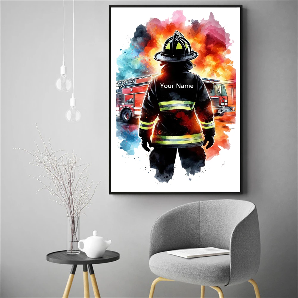 Personalized Firefighter Poster Custom Firefighter Name Poster Firefighter Canvas Painting Gift Idea Name Firefighter Decor