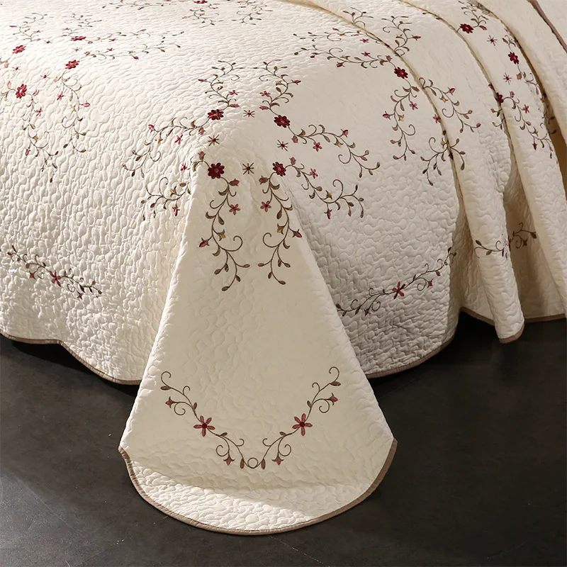 Modern European 3PCS Quilt Set Embroidered Skin-Friendly Breathable 100% Cotton Bedspread with Pillowcase Summer Thin Bedding