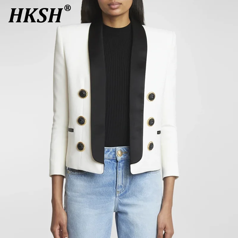 HKSH 2024 Autumn Spring New Women's Tide Punk Ins Fashion Blazer Color Blocking Contrasting Short Jacket Chic Elegant Coat H2628