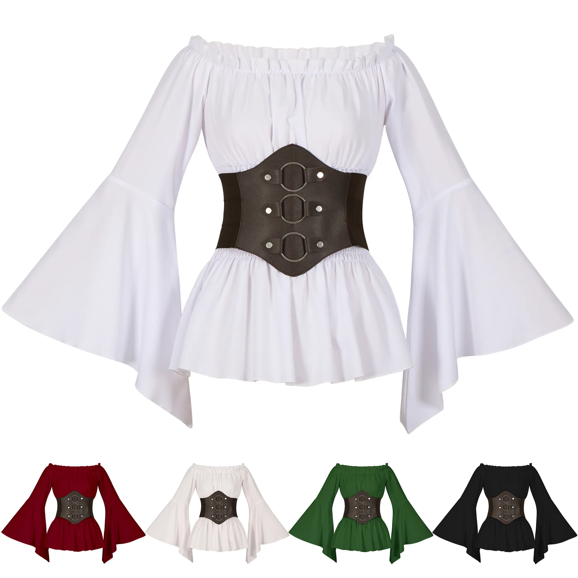 

Medieval Victorian Costume Women Off Shoulder Sleeves Blouses Steampunk Pirate Halloween Cosplay Corset Top Shirt with Waistband