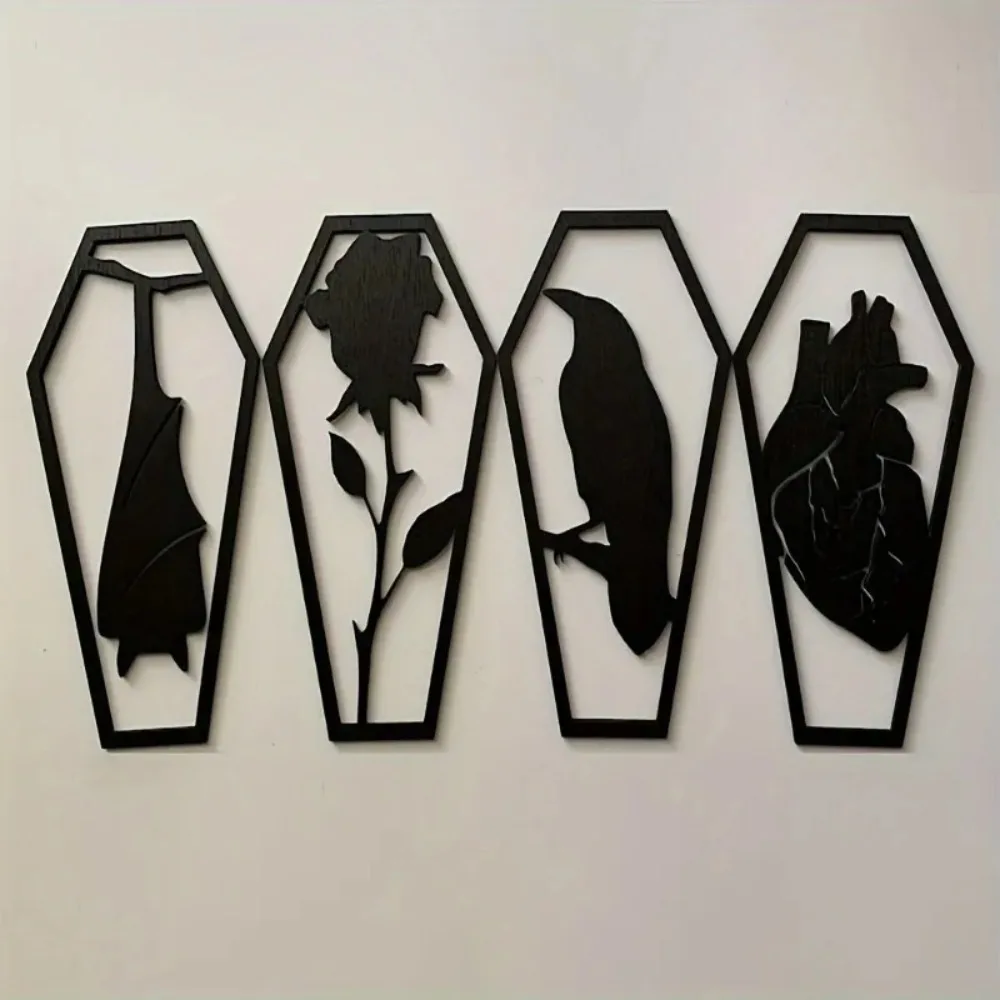 Acrylic Vintage 4-Piece Gothic Coffin Wall Art Set Heart Bat Raven Rose Pattern Bedroom Living Room Hanging Plaque Gift