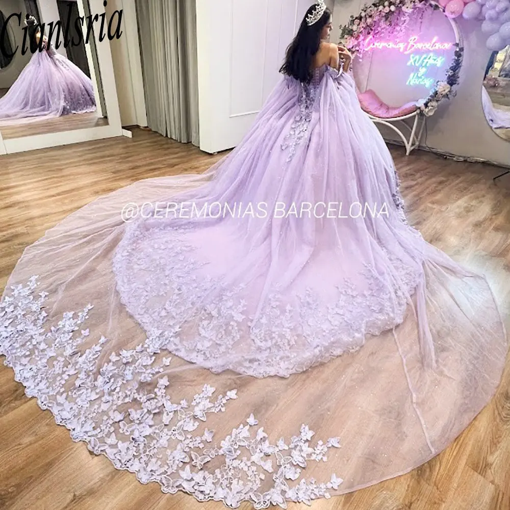 Lilac Illuison 3D Butterfly Ball Gown Quinceanera Dresses With Cape Appliques Lace Corset Sweet 15 Vestidos De 15 Años