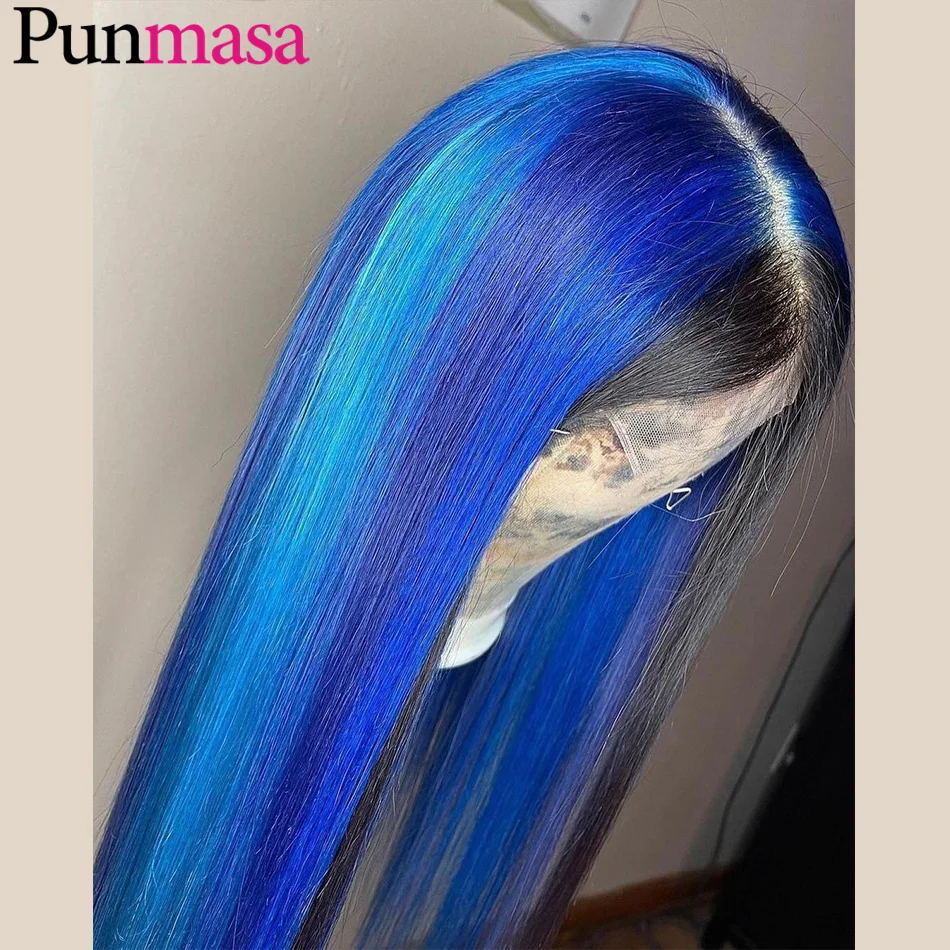 Peruca de cabelo humano reta sem cola para mulheres, frente de renda, pré-arranca, renda transparente, destaque azul, 13x6, Go 5, 13x4