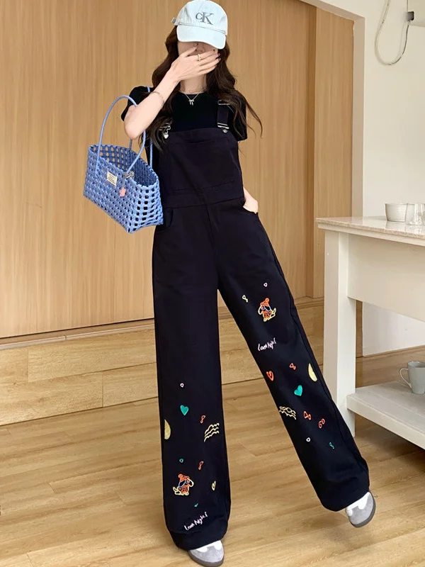 

Black Embroidered Denim Overalls Women's Summer Straight Leg Wide Leg Pants Slimming High Waist Casual Cotton Stretch Denim