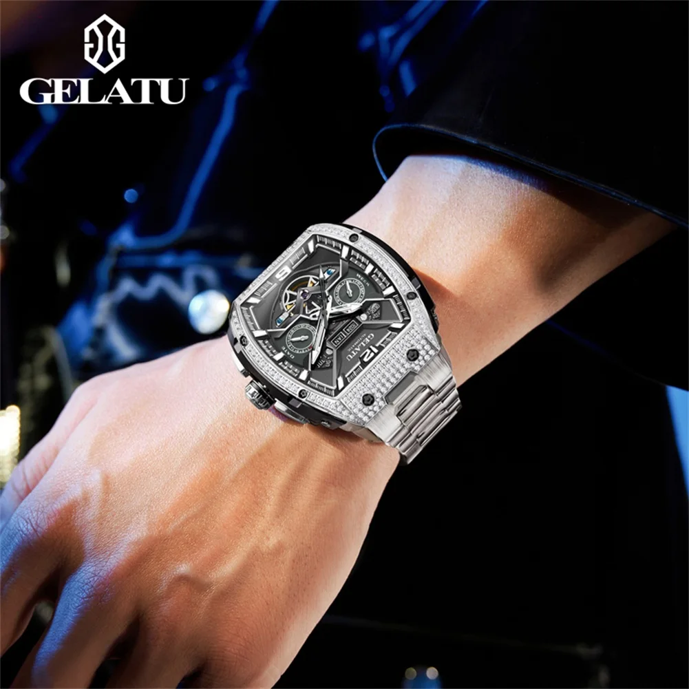 GELATU 6016 Watch For Men Big Dial Automatic Mechanical Watches Hollow Deep Waterproof Hand Clock Week Date Luxury Man Watch