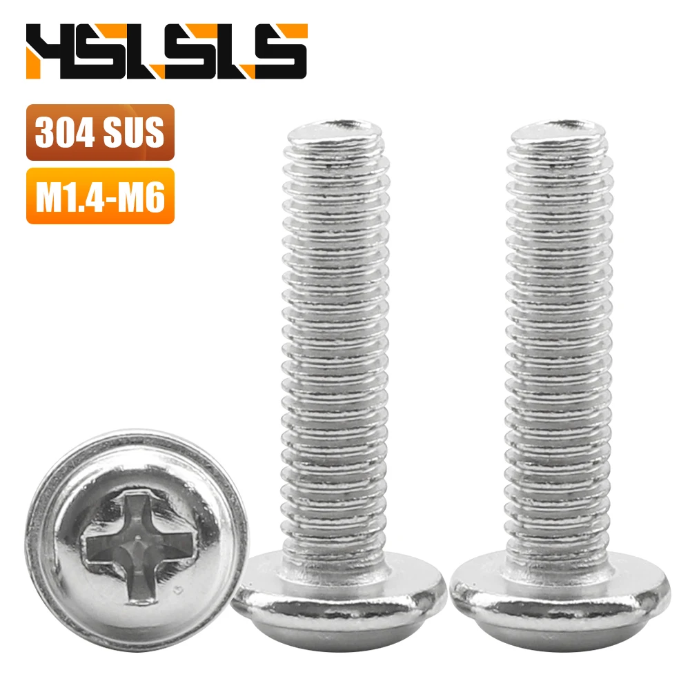 M1.4 M1.6 M2 M2.5 M3 M4 M5 M6 Cross Round Head Machine Screws with Washer 304 Stainless Steel Phillips Pan head Padded Screws