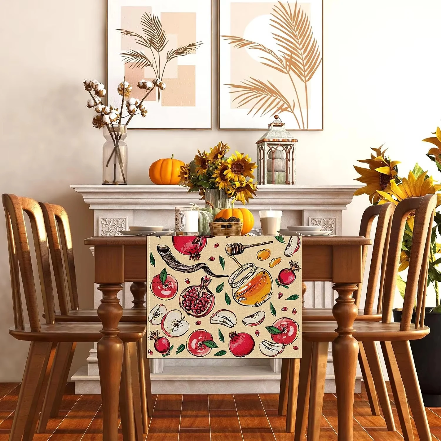 Rosh Hashanah Table Runner Linen Fabric with Pomegranate Honey Shofar Pattern Jewish New Year Table Decor for Wedding Party