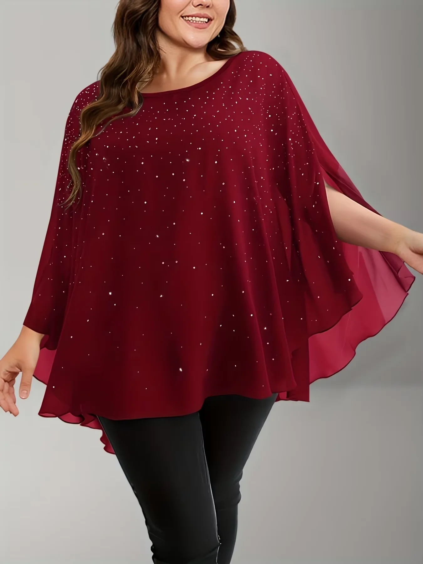 Camisetas elegantes de talla grande de gasa con cuello redondo y lentejuelas y manga acampanada para mujer, camisetas informales Vintage de verano para mujer, camisetas 2025