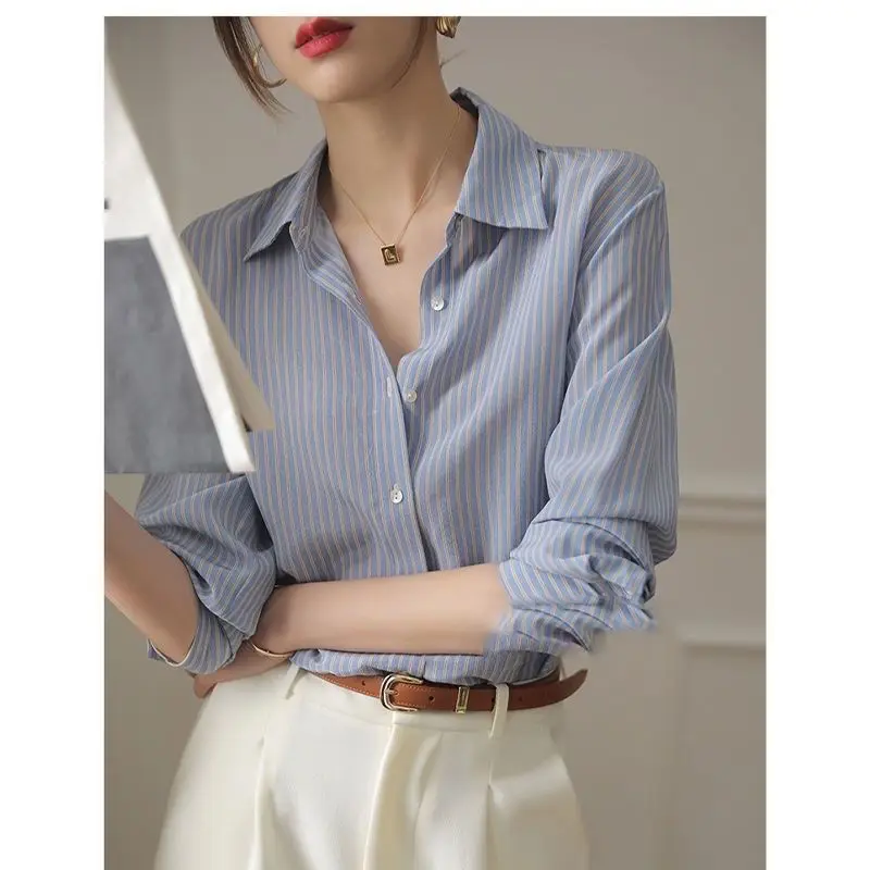 Striped Shirt Women's Long Sleeved Spring Outfit New Blue Shirt Spring and Autumn Outfit French Gentle Chiffon Shirt Top