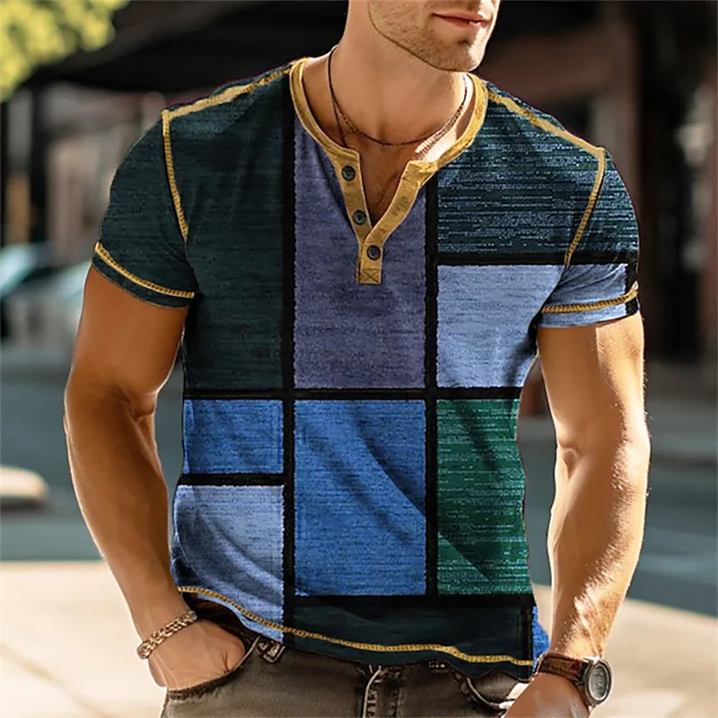 Patchwork Color Block 3D Print Vintage Henley Shirts Men\'s Fashion Oversized Button-Down Short Sleeve T Shirt Tees Tops Clothing