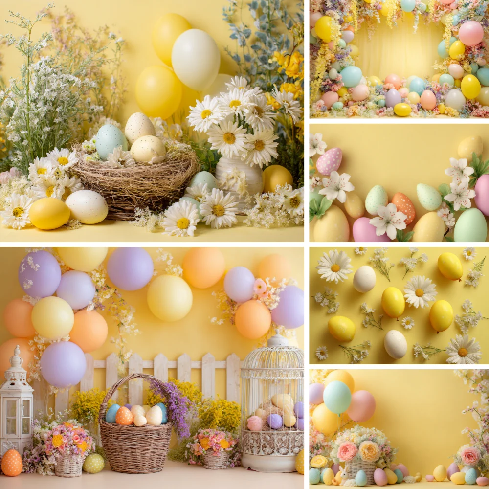 

Baby Girl 1st Birthday Backdrop Photography Yellow Wall Easter Flower Eggs Cake Smash Party Decor Background Photobooth Props