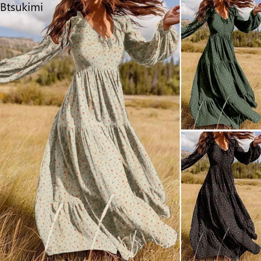 2024 Stylish Casual Maxi Dress for Women Floral Printed Mini Dress Evening Party Dresses V-neck Lantern Sleeve A-line Long Skirt