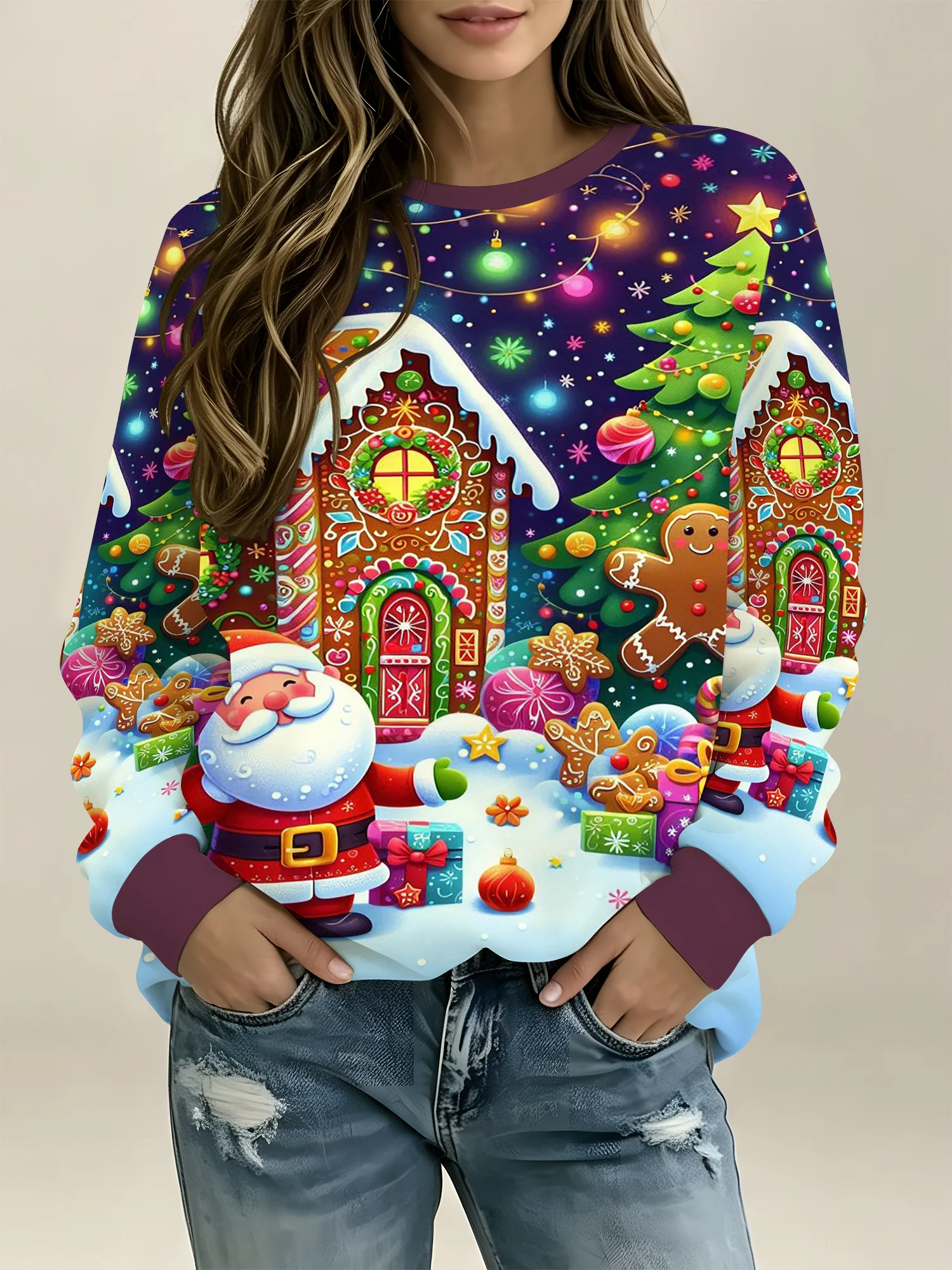 Women's Crew Neck Sweatshirt Christmas Santa Gingerbread House Print Holiday Pullover Autumn Fashion Casual Women Clothes