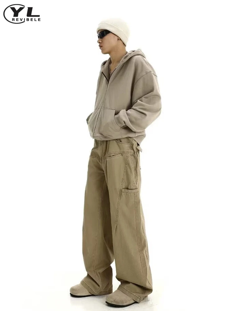 American Vintage Wide Leg Cargo Pant Mens High Waist Solid Color Multiple Pockets Jogging Pants Spring Baggy Straight Trousers