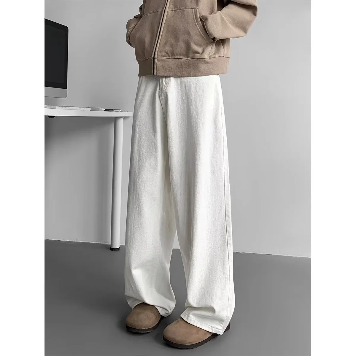 Men Clean Fit Solid White Wide Leg Jeans Minimalist Loose Straight Denim Pants No Logo Casual Daily Streetwear Baggy Long Trouse - view 2