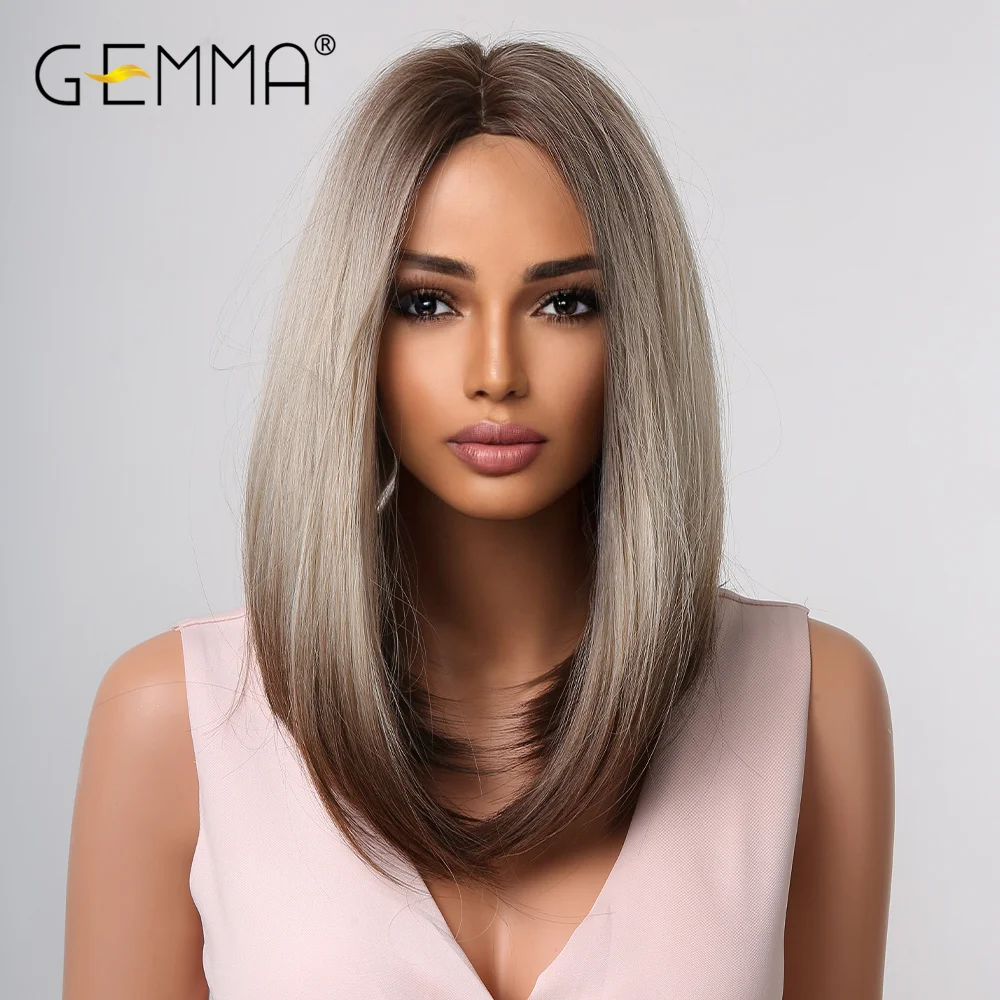 GEMMA Long Straight Synthetic Wigs for Women Omber Brown Platinum Highlight Wig with Dark Roots Cosplay Heat Resistant Hair