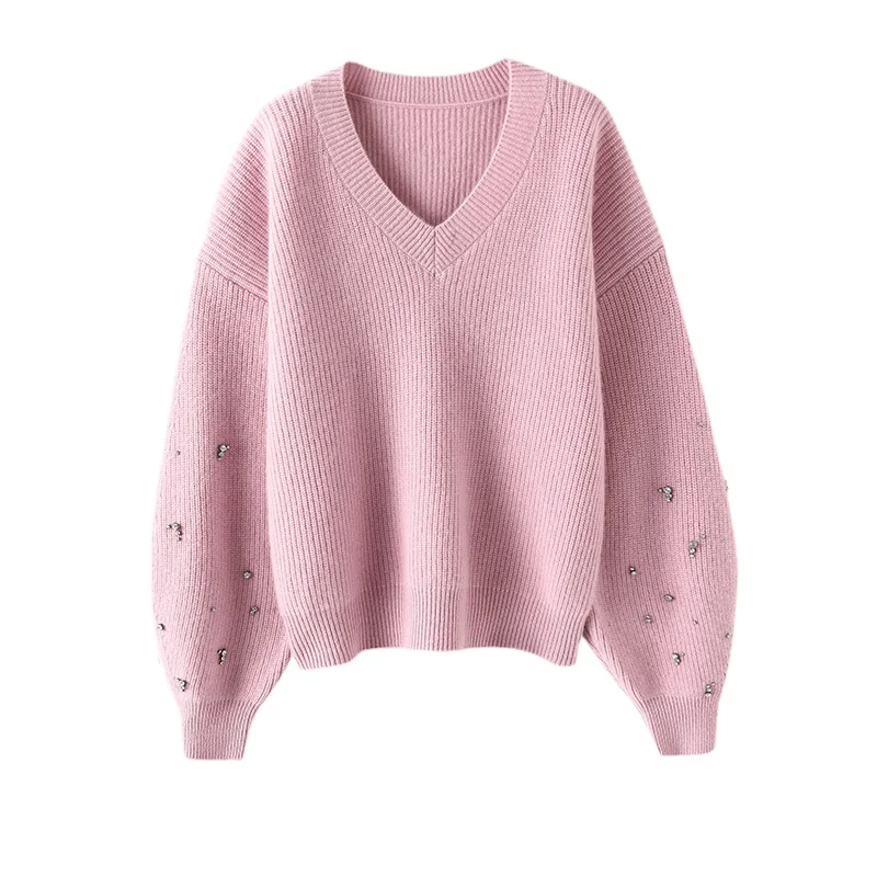 

Cashmere Sweater Women V-Neck Lantern Sleeve High Street LOOSE Diamonds Womens Knitwear Winter Clothes Women