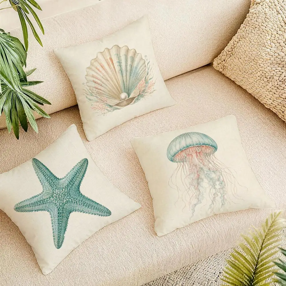 Marine Sea Life Cushion Cover Natural Linen Organic Fabric Double-Sided Printing Breathable For Home Decor