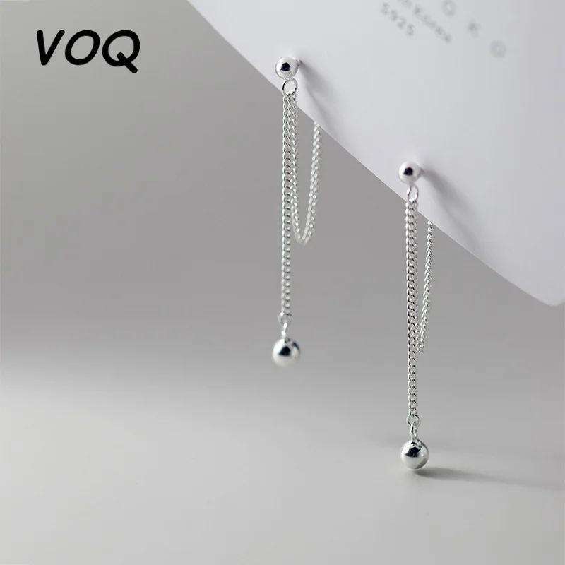 VOQ Silver Color Round Bead Chain Long Earrings Minimalist Textured Elegant Drop Earrings Female Jewelry Girls Gifts