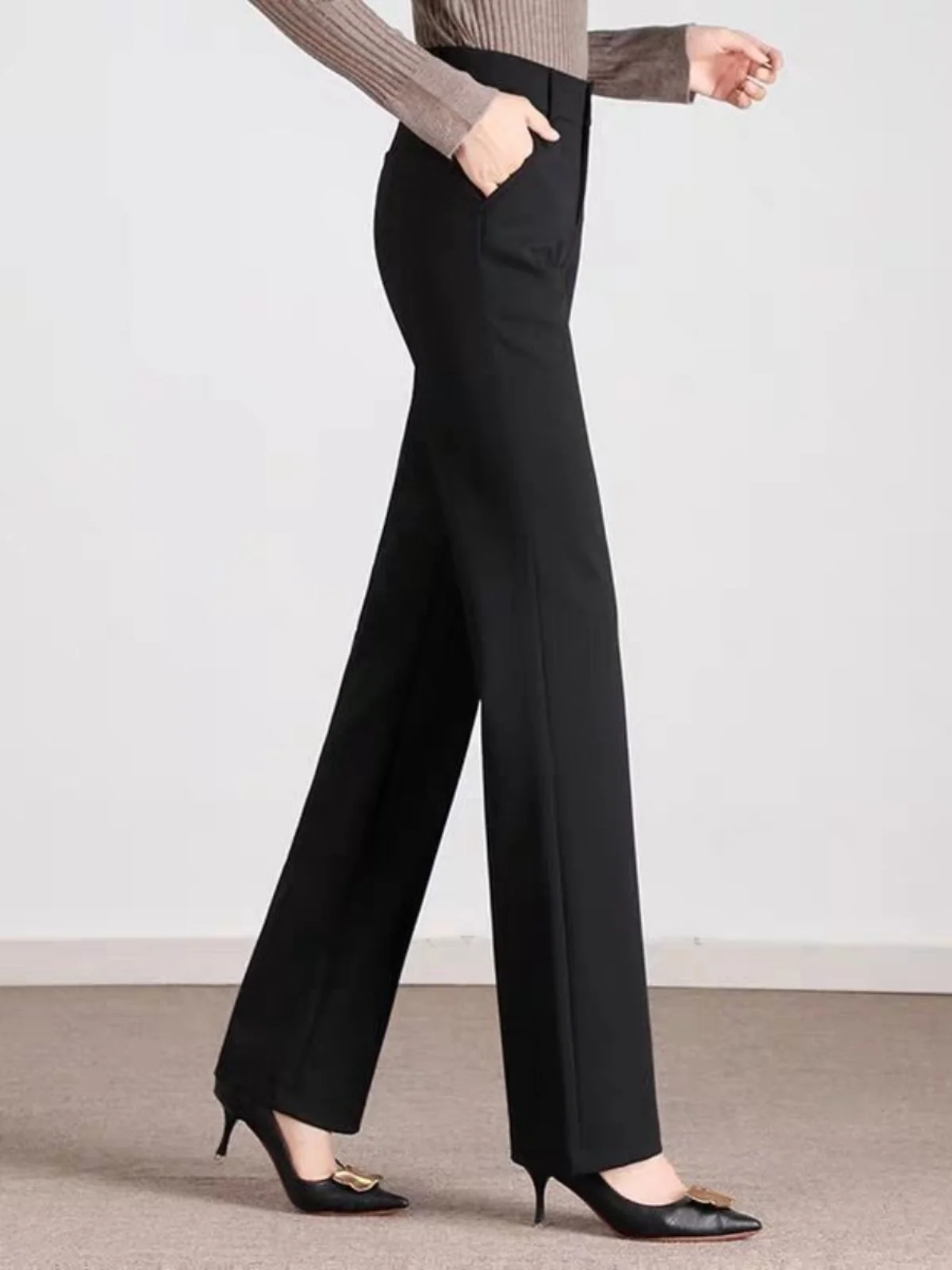 Spring Autumn High Waist Slimming Drapey Black Straight Leg Suit Pants Women's Casual Trousers Long Pants Female Fashion