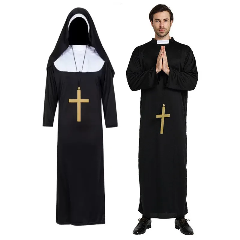 성인 모든 검은 가운 대부 역할 놀이 의상 크로스 목사 선교사 할로윈 의상 무대 공연