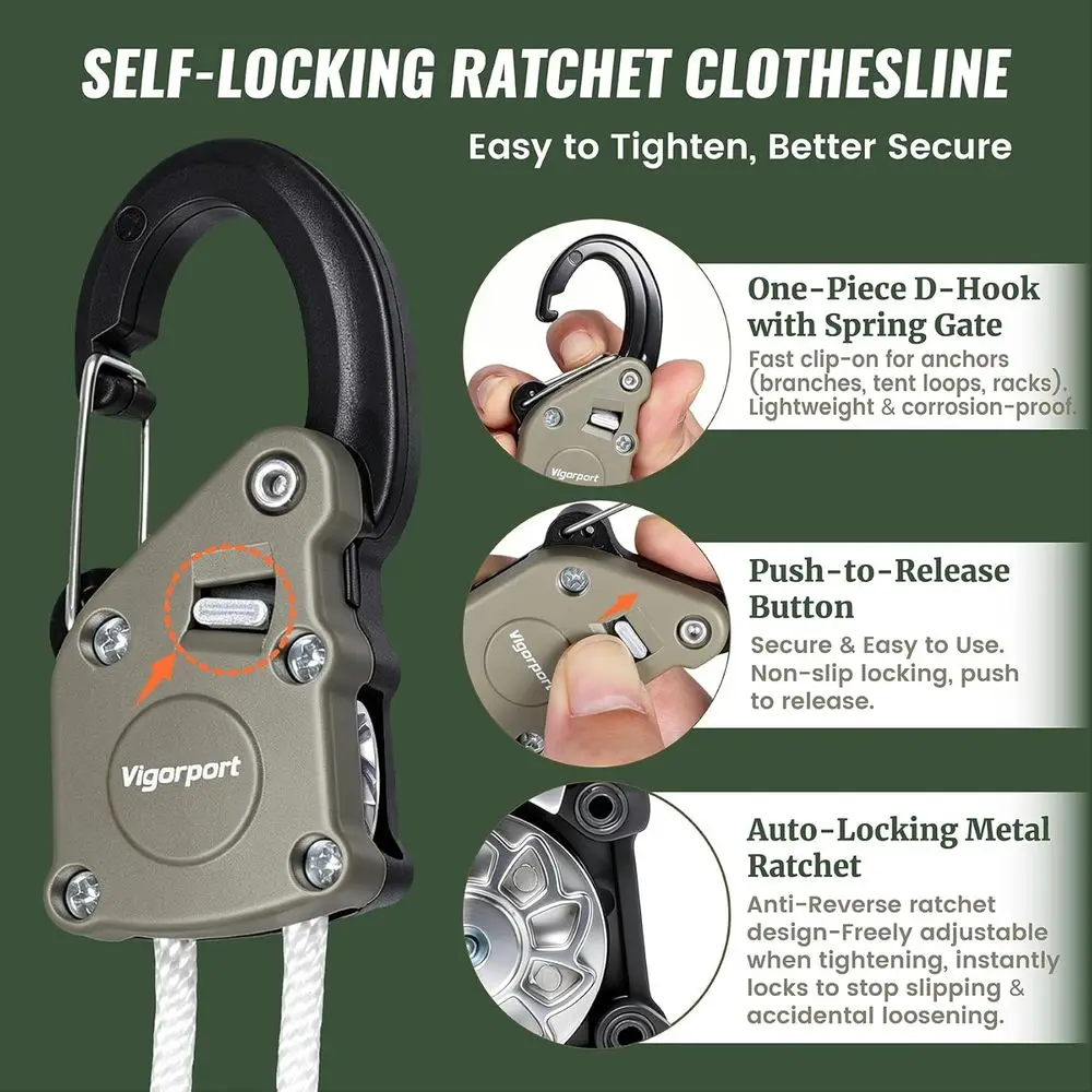 Portable Heavy-Duty Rope Clothesline with Self-Locking Pulley for Outdoor, Camping, RV, Cruises, and Backyard Use (White, 25ft/1