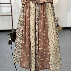 Japanese Mori Girl Long A Line Elastic Waist Women Cotton Linen Print Flower Brown Green Spring Autumn Skirts