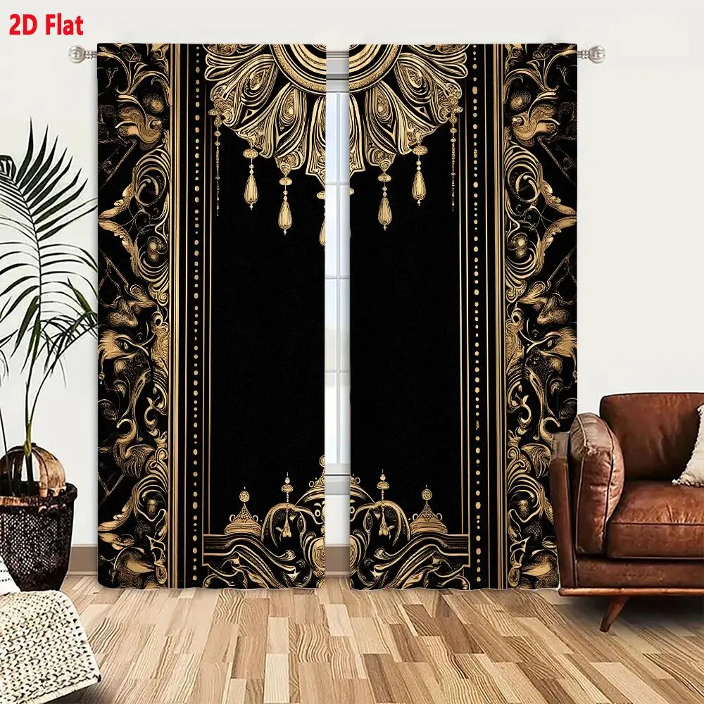 2Pcs Curtains 2D Flat Baroque Gold Ornate Frame With Floral Scrollwork And Chandelier Motif On Black Background Window Drapes fo