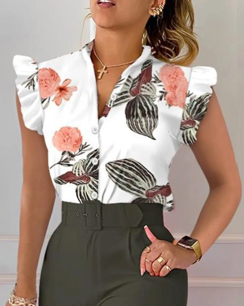 Casual Floral Print Blouses For Women Fashion 2023 Spring Summer Office Lady V Neck Short Sleeve Shirt Bluse Women\'s Elegant Top