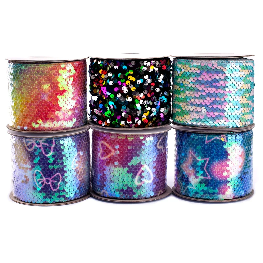 Popular Shining 25yards 3 inch 75mm Rainbow Series Colorful Sequin Ribbon Reversible Glitter Sequin Ribbon for DIY Craft