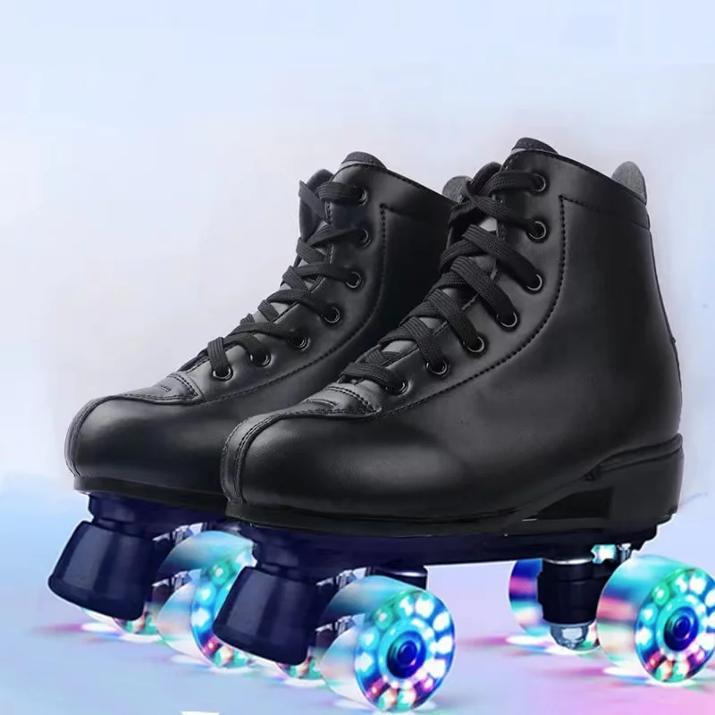 Sapatos de patins de couro PU, 2 linhas deslizantes Inline, tênis de patinação quad, treinamento, branco, preto, tamanho 34-45