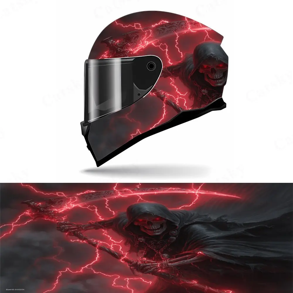 

Red Lightning Scythe Skull Helmet Wrap - Self-Adhesive Waterproof Vinyl Film, Anti-Scratch Protection, UV Resistant Decoration F