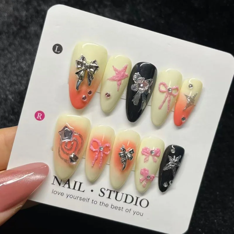 

10PCS Y2k Pink Blush Handmade False Nails Sweet Star 3D Metal Silver Bowknot with Diamonds Press on Nails Full Cover Fake Nails