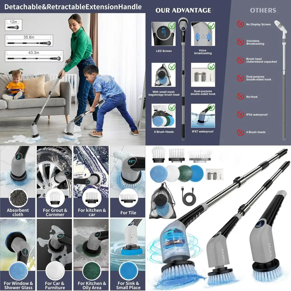 

Cordless Spin Scrubber with 8 Heads, 3 Speeds, Adjustable Handle for Waterproof Shower Cleaning