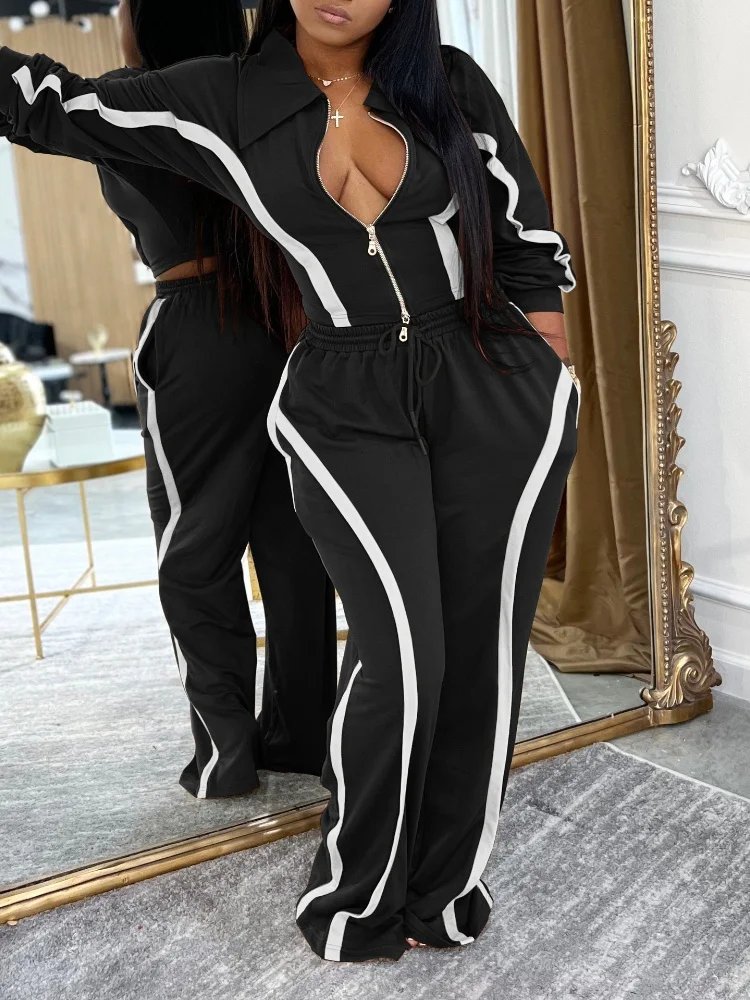 

Three Sisters New Arrivals Autumn Winter Fashion Casual Comfort Woman Clothes Striped Long Sleeved Two Piece Set Pantsuits