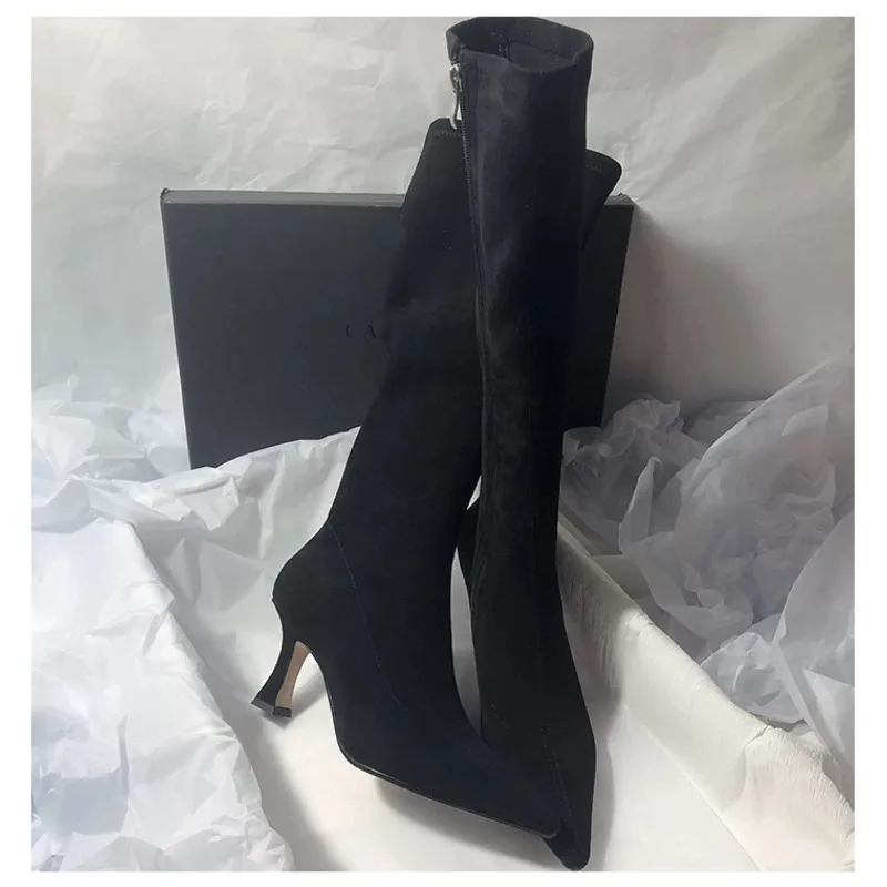 

New Women Stretch Modern Long Boots Fashion Pointed Toe Knee High Booties Designer High Heels Shoes Zapatos De Mujer