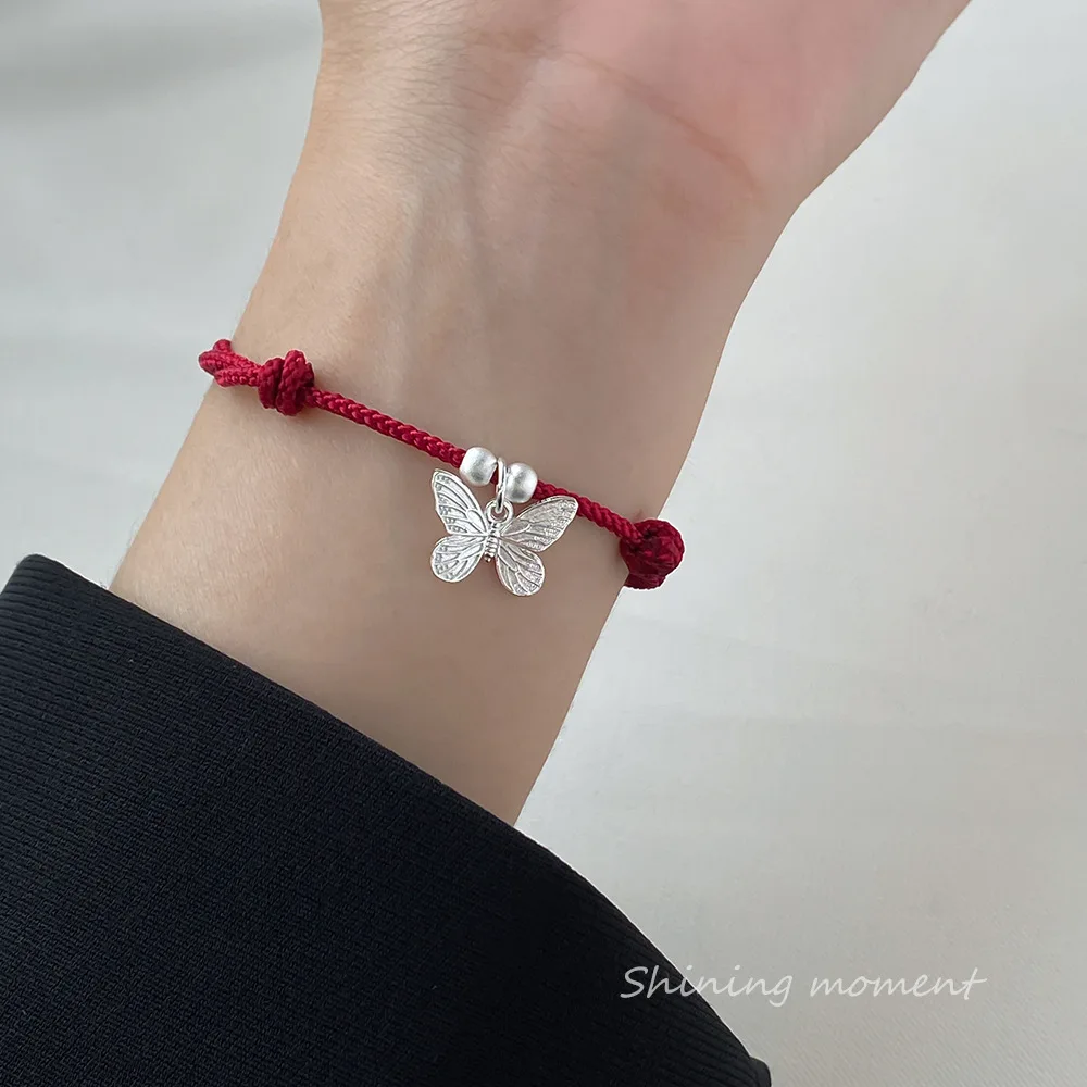 1pc 925 Sterling Silver Adjustable Red Rope Butterfly Bracelets Range Within 24cm Women Wrap Hand Bangles Female Decor Jewelry