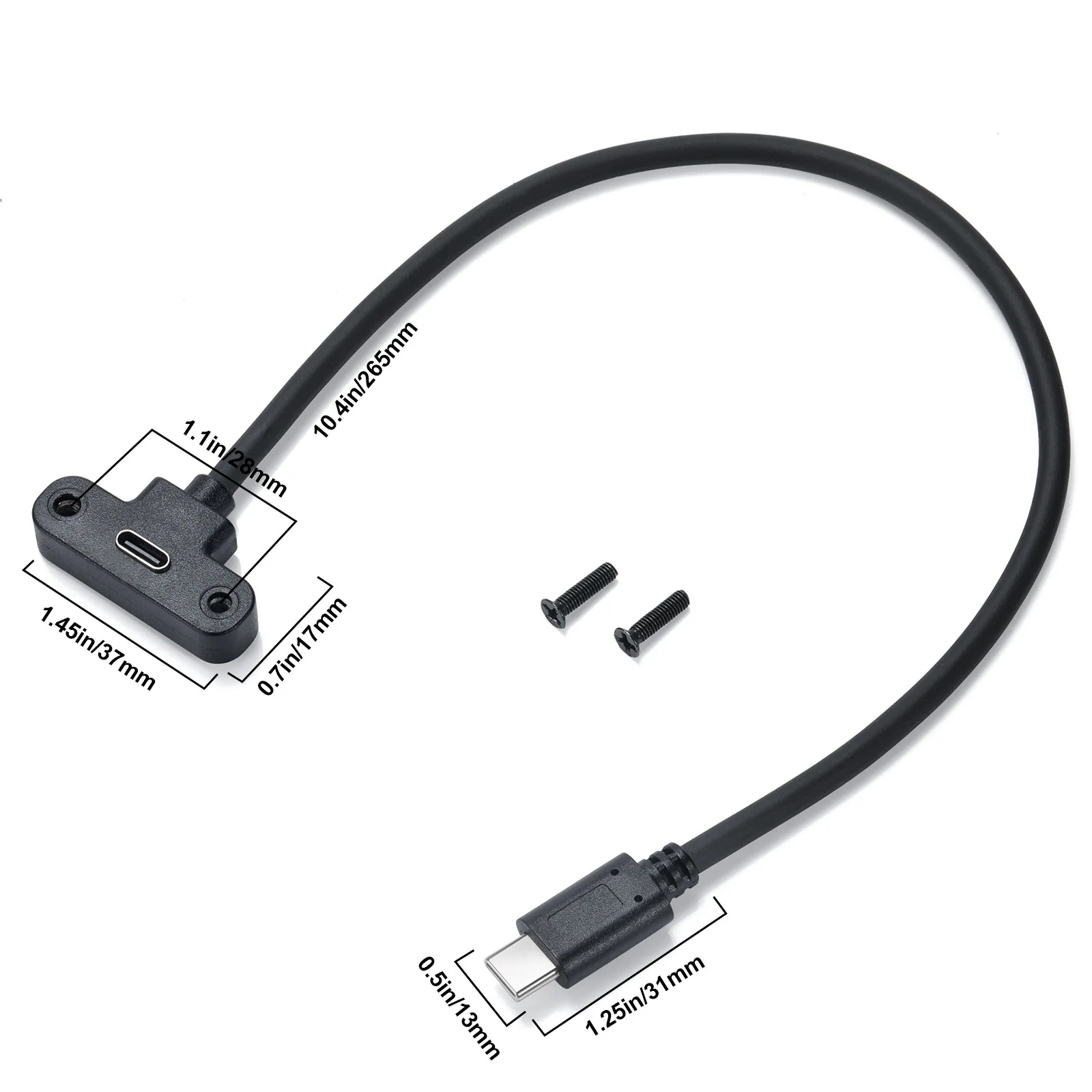 type-c USB 90 ° angle Male  to Female Extension Panel Mount Type Cable Charge Cord,1Feet Black (type-c  M/F)  0.3M