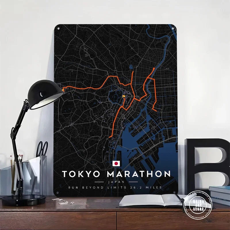 Tokyo Marathon Route Map 3D Texture Printed Poster Custom Vintage Metal Tin Plate Sign for Wall Art Decoration Room Decor Luxury