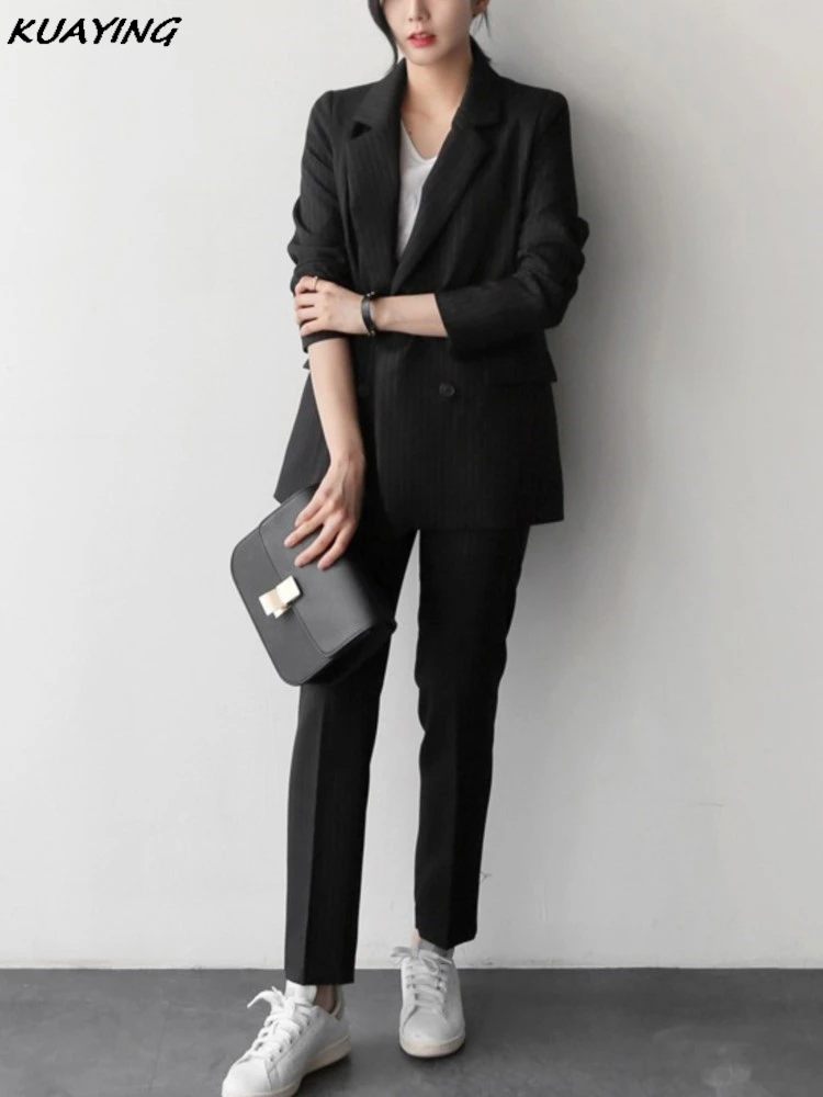 Women Elegant Formal Business Blazer 2 Pieces Suit Office Work Striped Jacket Pantsuit Korean Fashion Female Vintage Outfits New