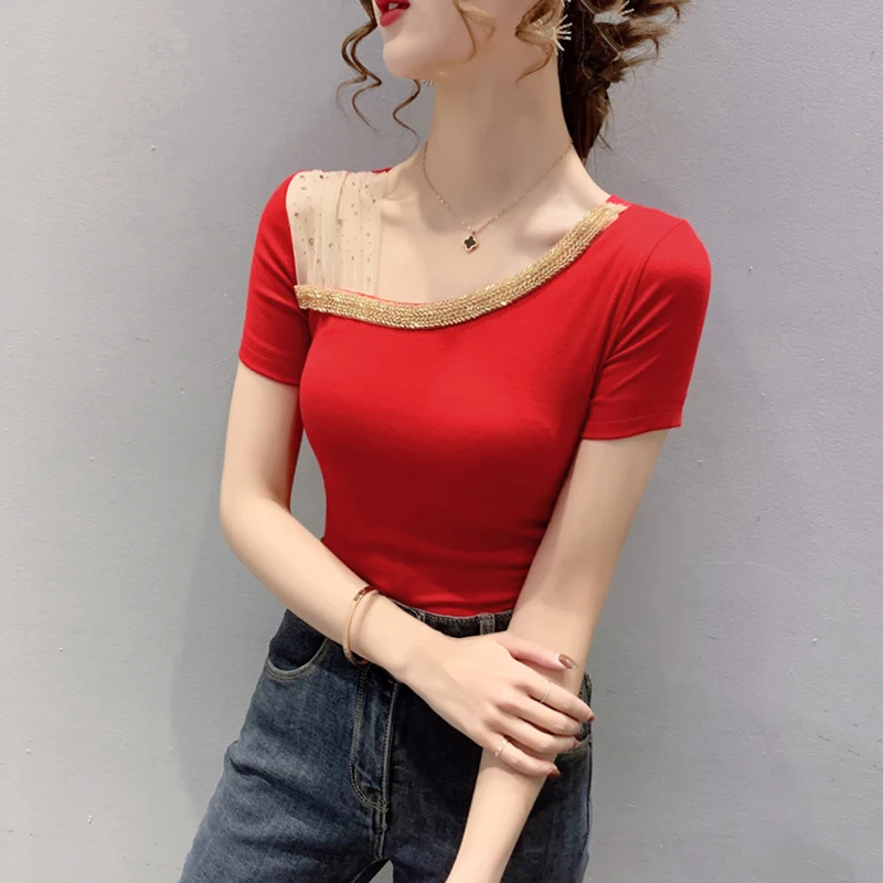 Fashionable Beaded Short Sleeve T-Shirt Women's Summer Thin Mesh Halves Shirt Stylish Creative Korean Style Slim Fit Top