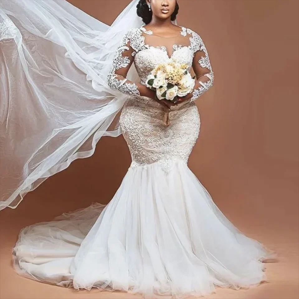 

Роскошные свадебные платья русалки с кружевной аппликацией по индивидуальному заказу, с длинными рукавами, с вырезом и скользящим шлейфом, африканские свадебные платья de novia