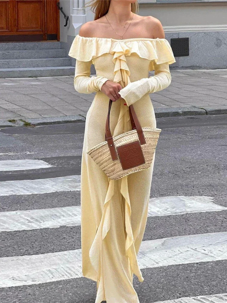 Robe longue fourreau à manches longues pour femmes, robe fendue pour dames, col slash drapé, robe éducative, à la mode, nouveau, printemps