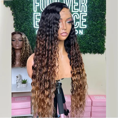 Imagen 2 del producto Pelucas frontales de encaje suave prearrancadas de 26 pulgadas Rubio degradado marrón rizado sintético para mujeres africanas pelo de bebé sin pegamento diario